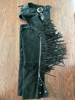 Vintage 90s Harley-Davidson Black Suede Fringe Motorcycle Chaps XL USA